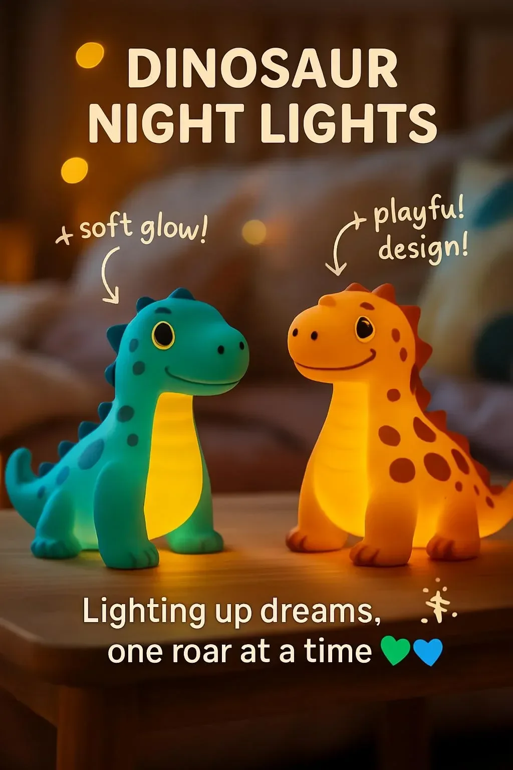 Dinosaur night lights for kids' bedrooms, providing comfort and a playful theme.