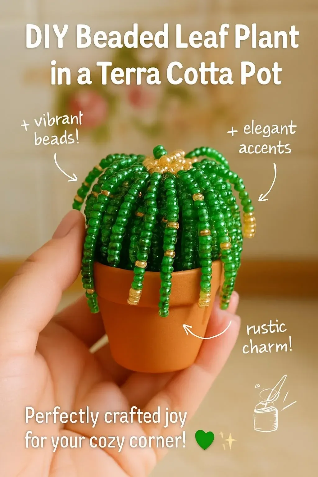 DIY beaded leaf plant in a terracotta pot for home decor