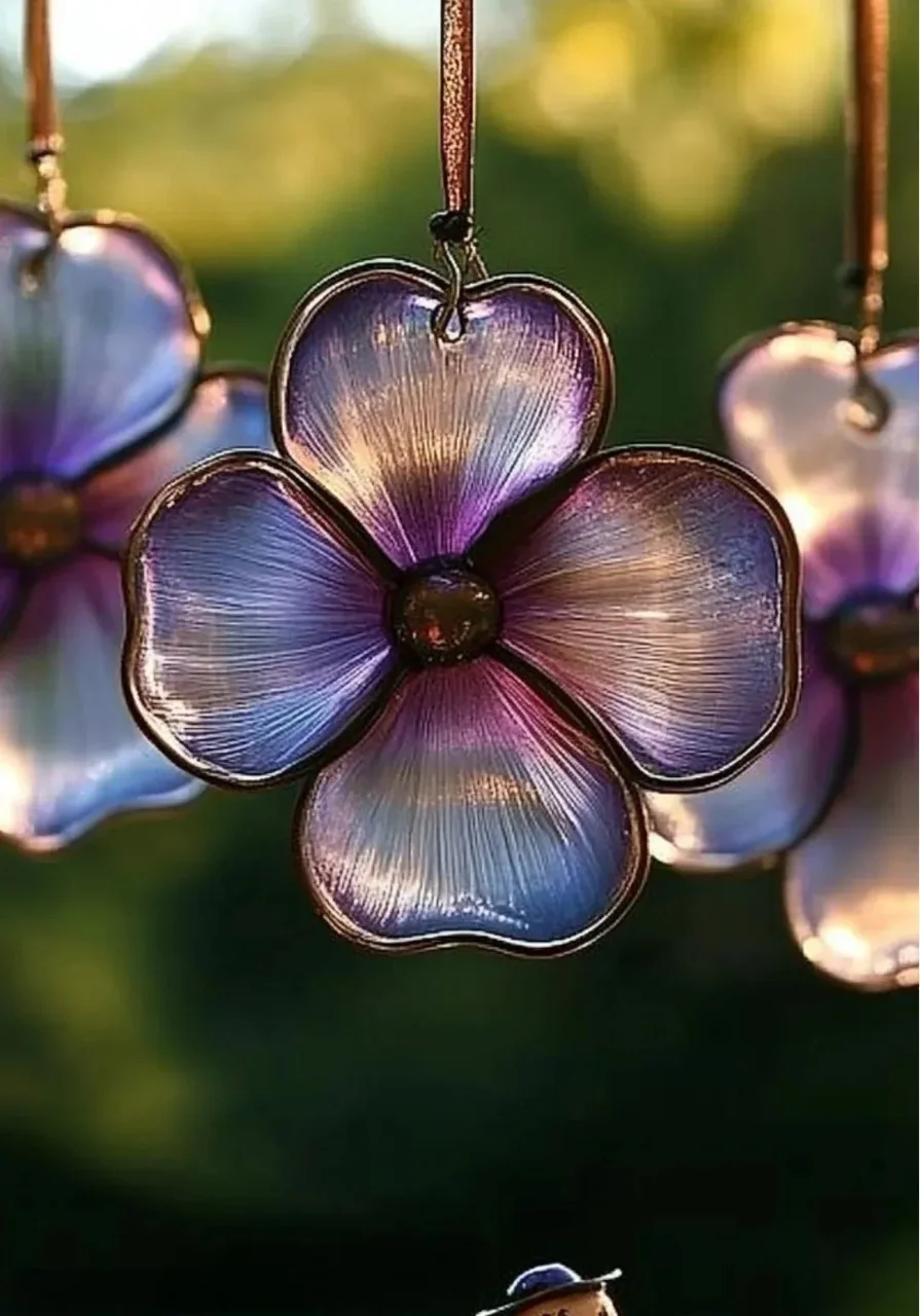 Colorful DIY bioplastic suncatchers hanging in a sunny window.