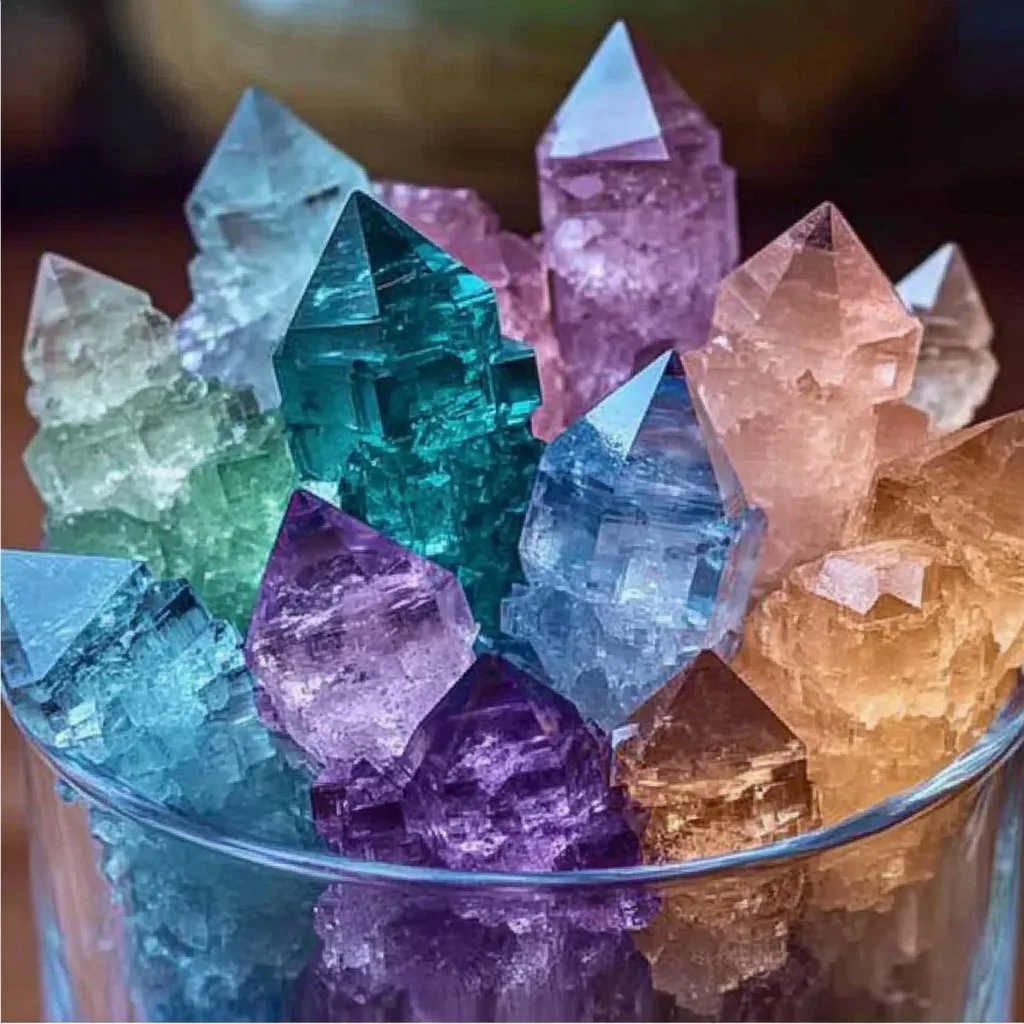 Vibrant DIY borax crystals formed from a homemade solution.
