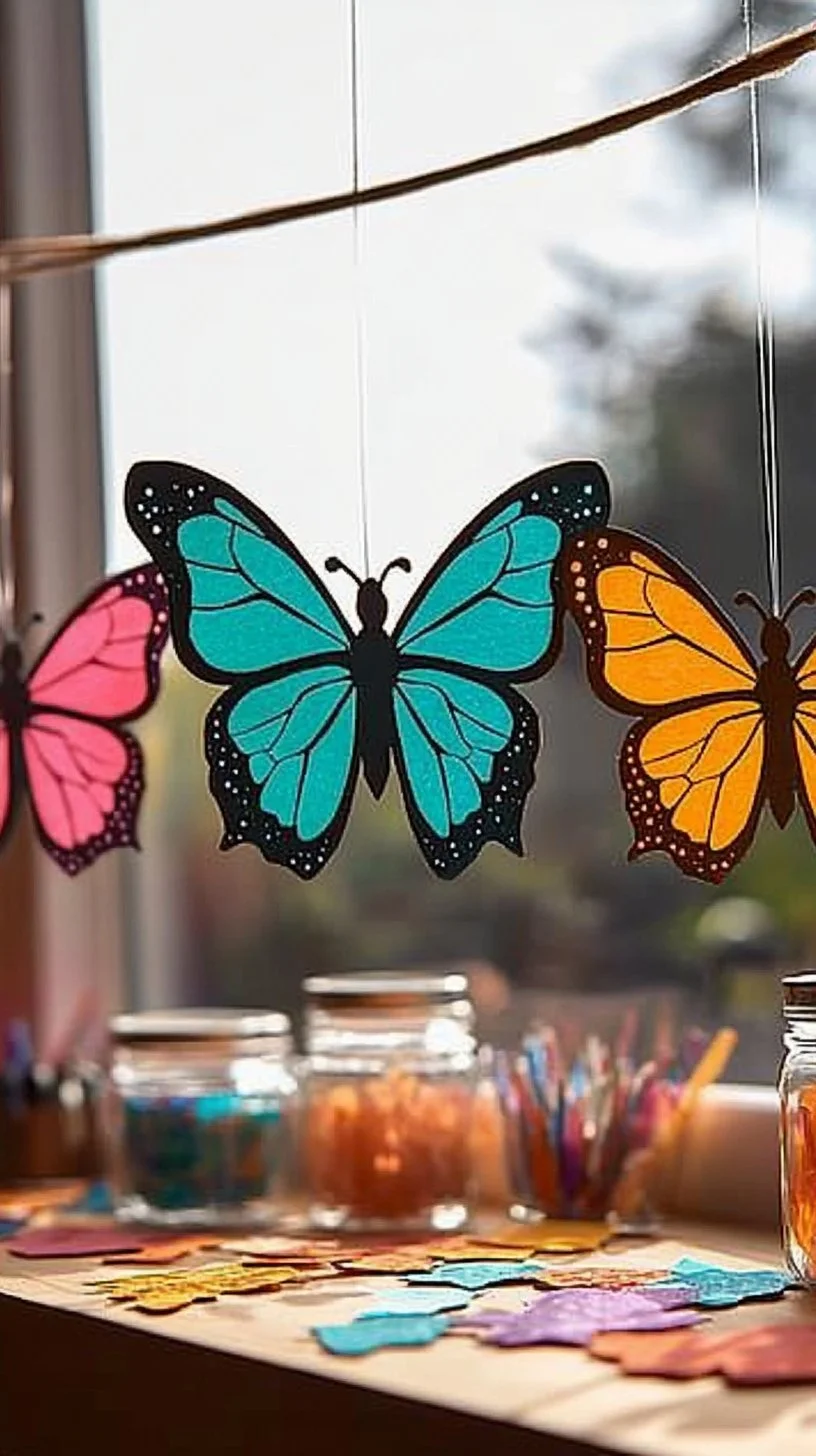 DIY butterfly suncatcher made with colorful materials catching sunlight