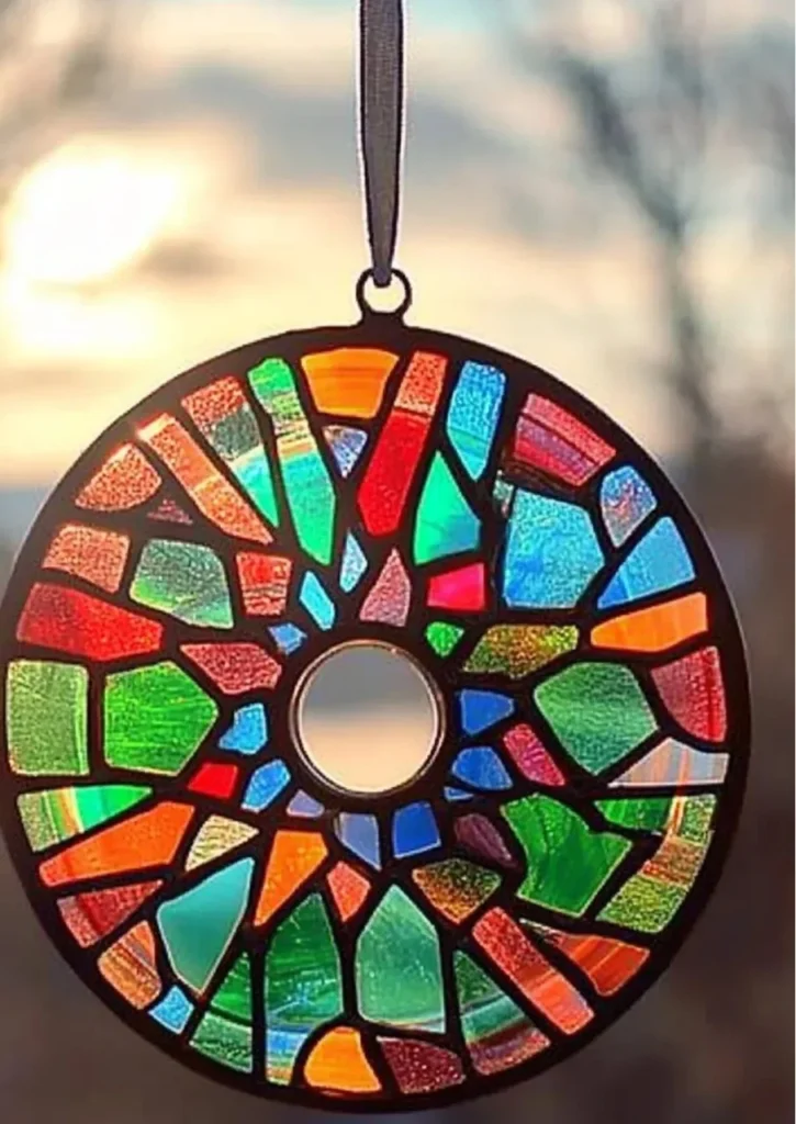 DIY CD Suncatcher reflecting sunlight in colorful patterns