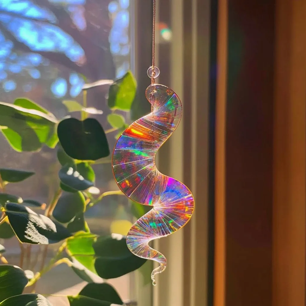 Colorful DIY CD suncatchers hanging in sunlight, creating beautiful rainbow reflections.