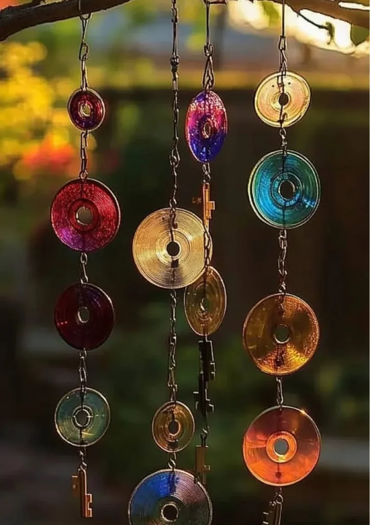 Colorful DIY CD wind chime made from recycled CDs, hanging in a sunny garden.