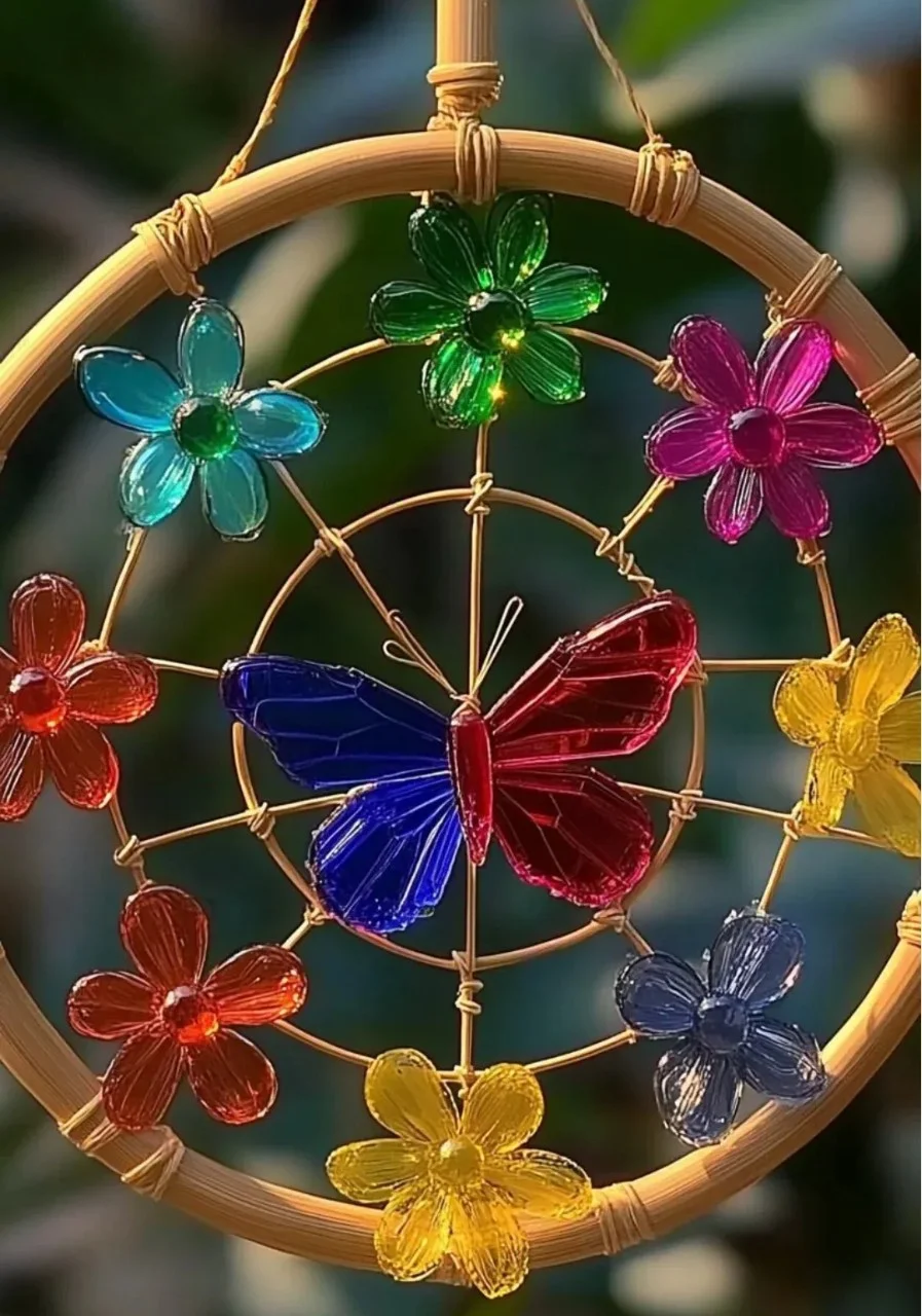 Colorful DIY chicken wire suncatcher hanging in sunlight