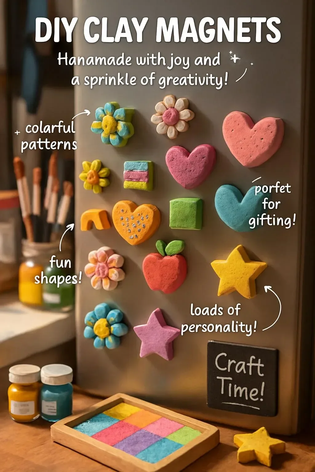 Colorful DIY clay magnets displayed on a refrigerator
