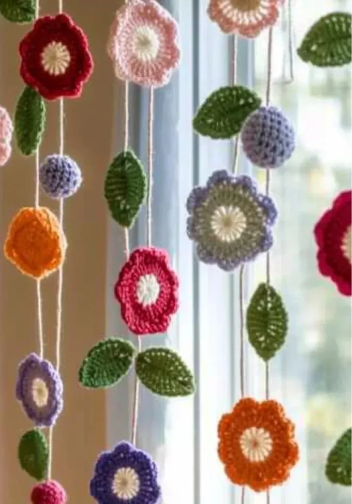 DIY crochet flower curtain adding a vibrant touch to home decor