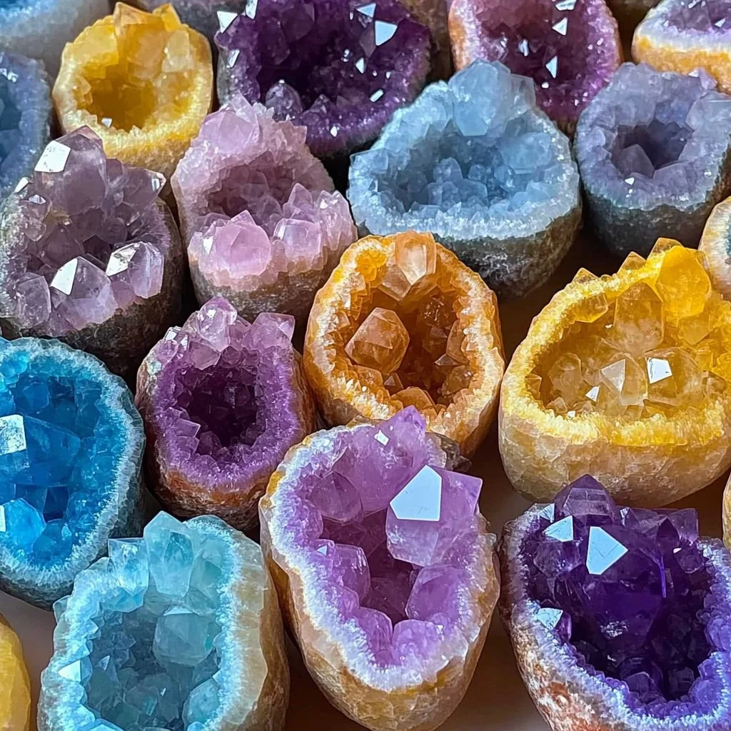 Colorful DIY crystal geodes made from sugar and water, showcasing unique formations.
