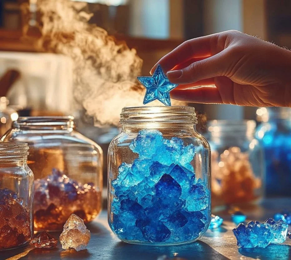 Kids using a DIY crystal growing kit to learn about science and geology.
