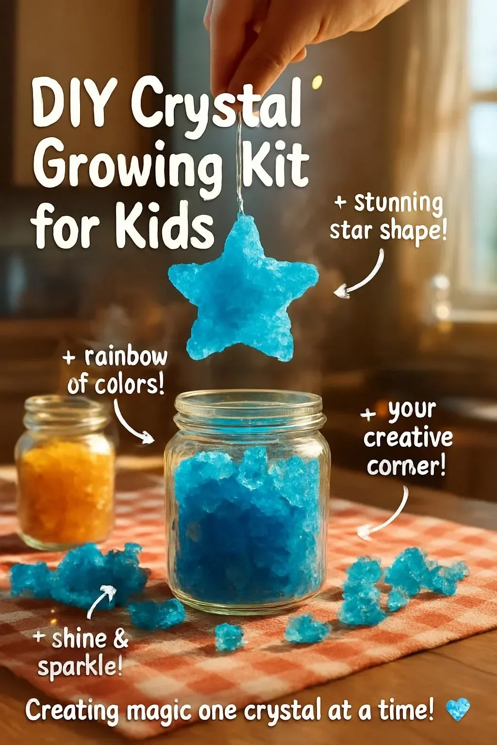 Kids engaging with a DIY crystal growing kit and colorful crystals.