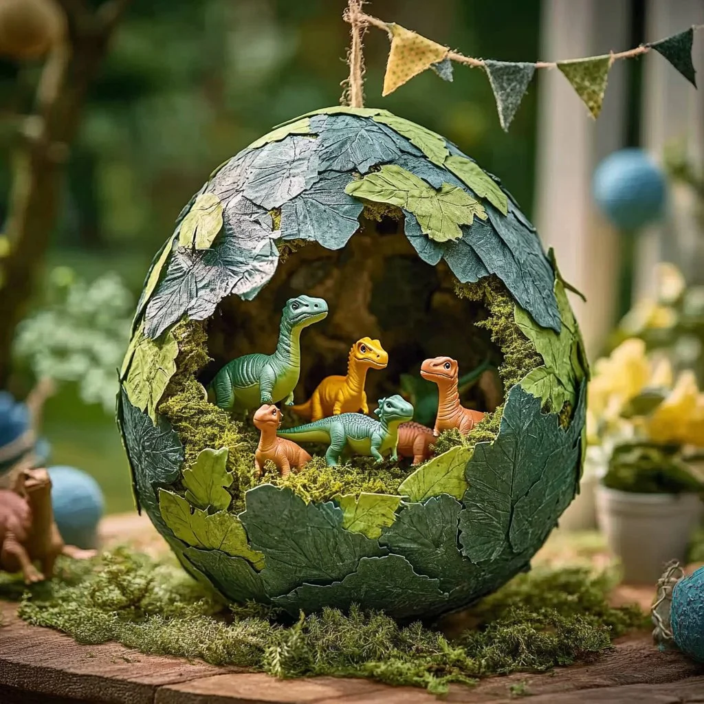 Colorful DIY Dino Egg Piñata ready for a fun party decoration