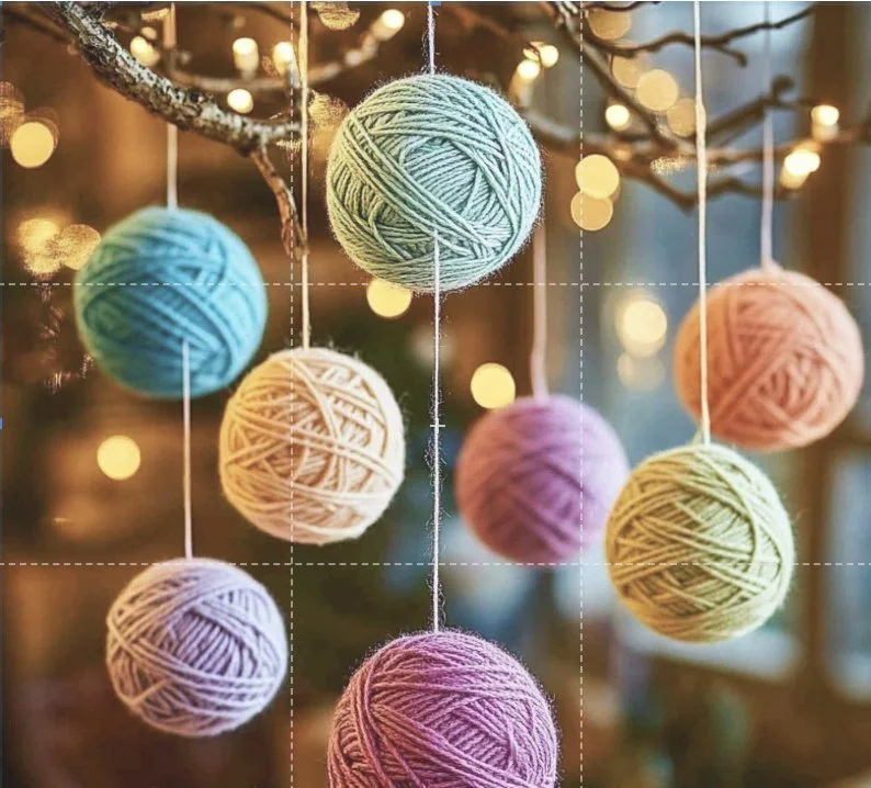 Colorful DIY Thread Ball Decorations hanging from the ceiling