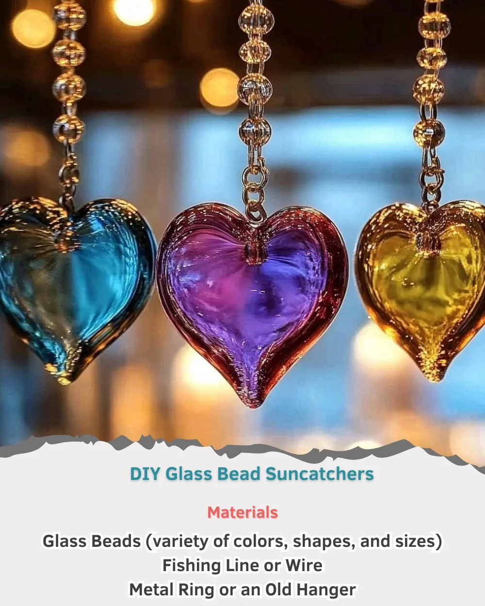 Colorful DIY glass bead suncatchers hanging in the sunlight, casting vibrant patterns.