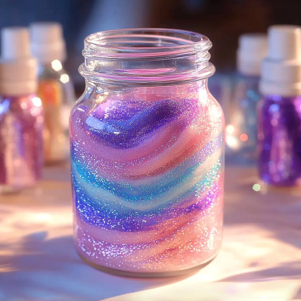 Colorful DIY glitter jar with shimmering effects for craft projects.