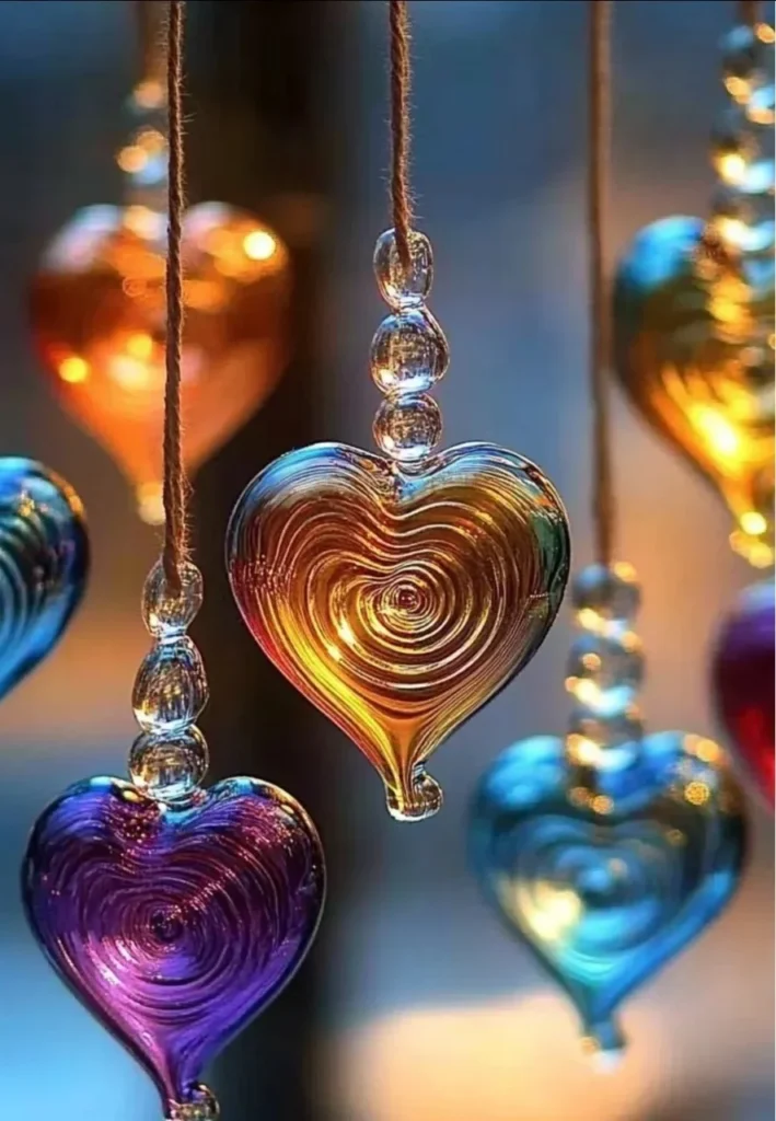 DIY glue suncatchers in various colors hanging by a window.