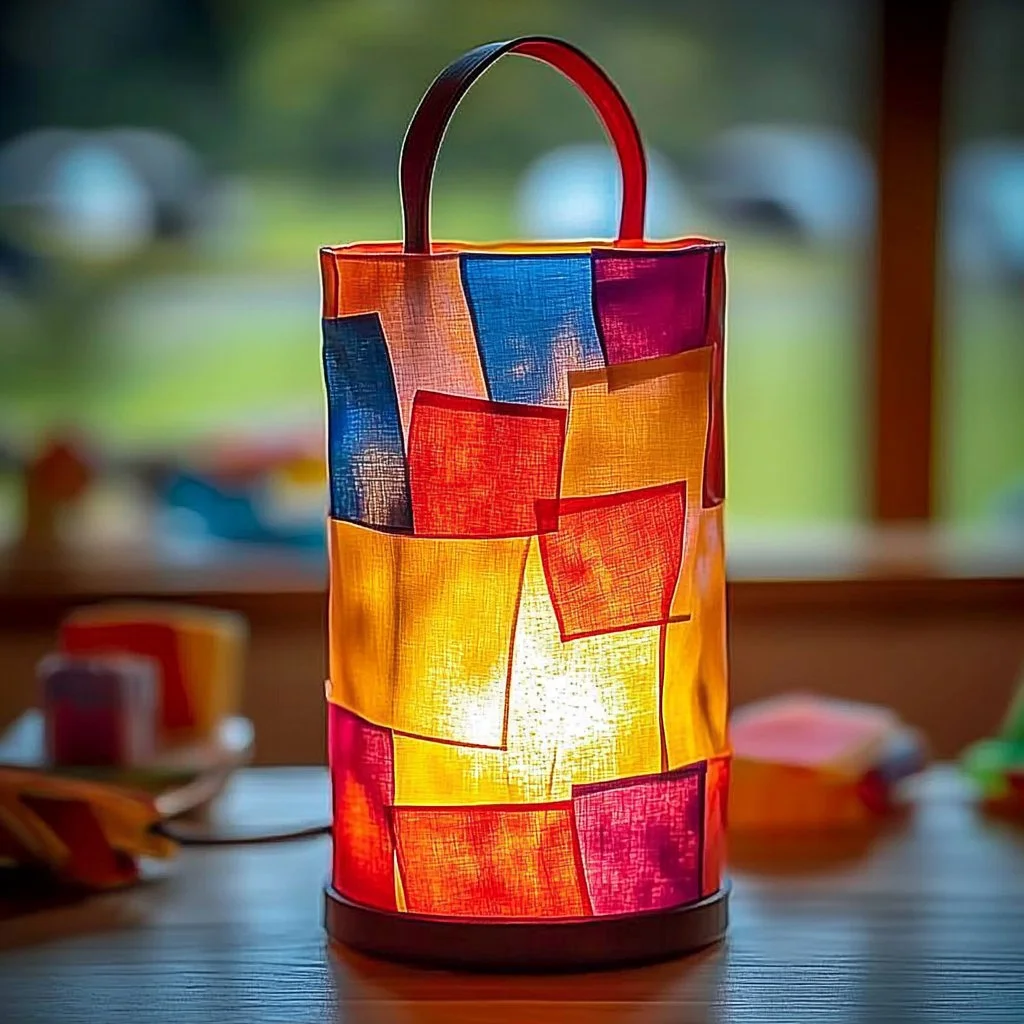 Colorful DIY kids lantern craft made from paper and string.
