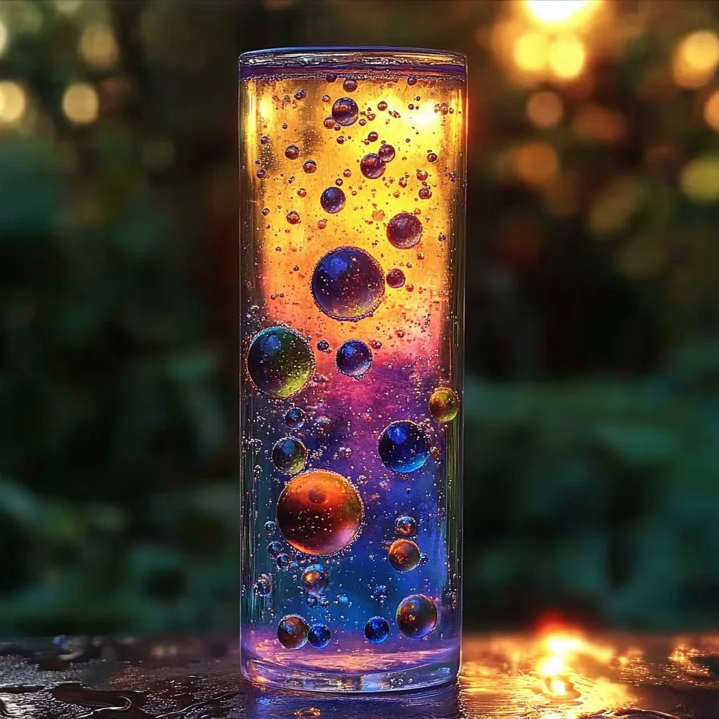 DIY lava lamp project with colorful liquid and bubbles.