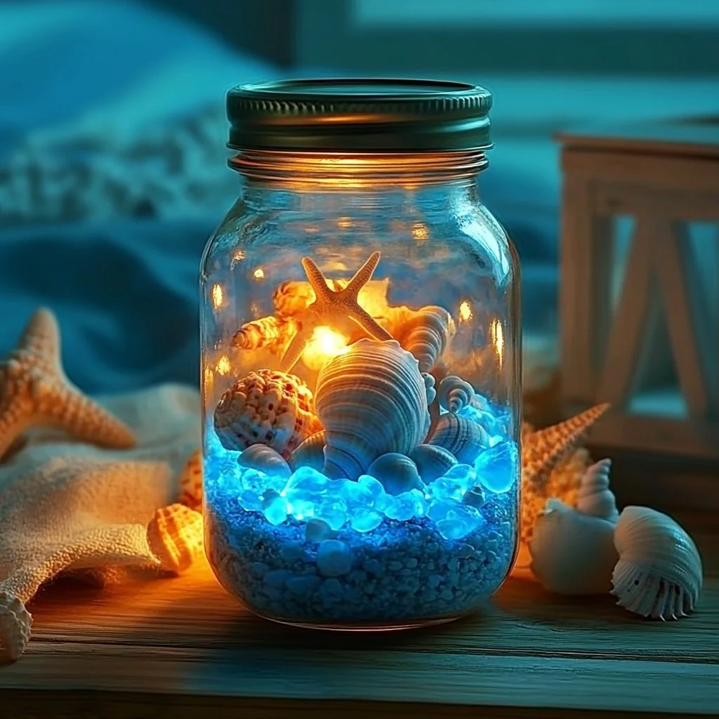 DIY Beach-themed Mason Jar Night Light glowing softly at night.