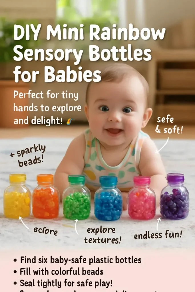 DIY mini rainbow sensory bottles for babies showcasing vibrant colors and textures.
