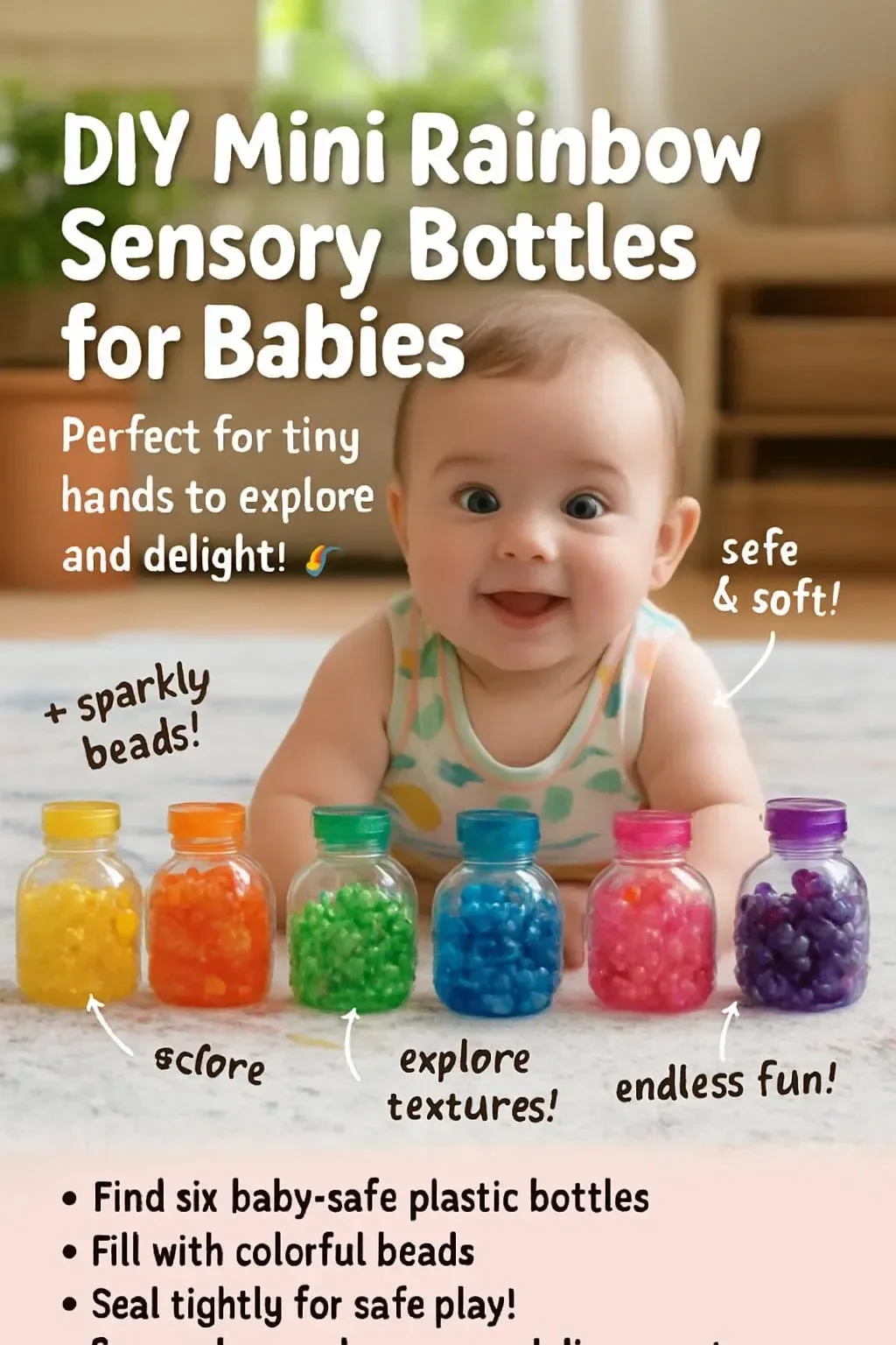 DIY mini rainbow sensory bottles for babies showcasing vibrant colors and textures.