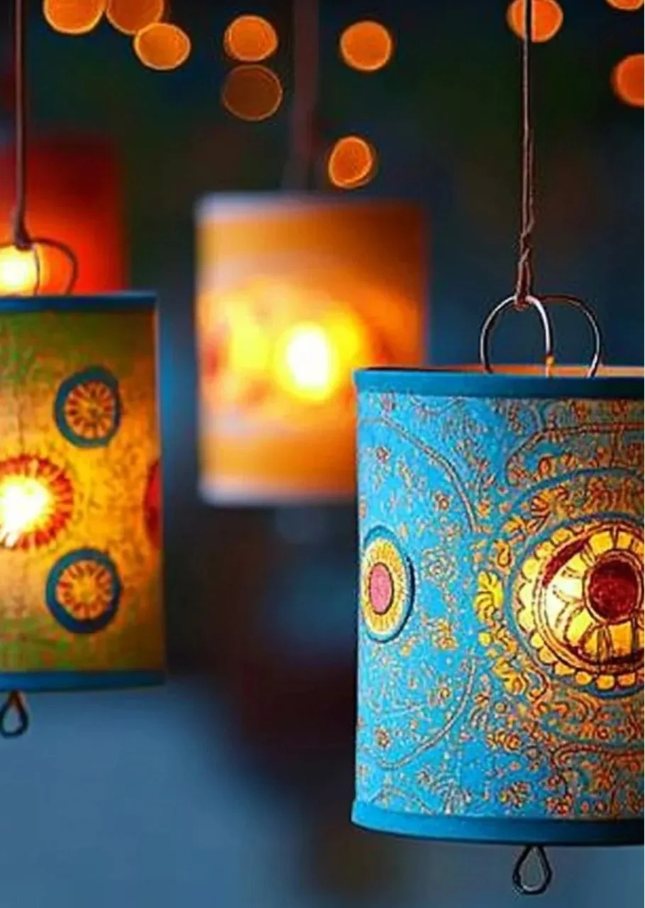 Colorful DIY paper lanterns hanging for festive decoration