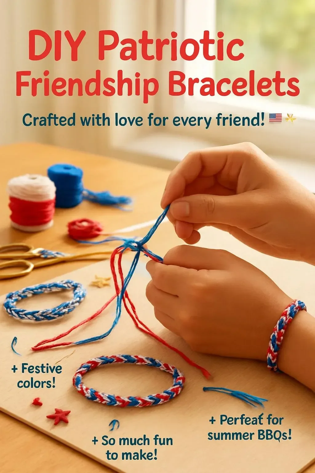 DIY patriotic friendship bracelets with red, white, and blue colors