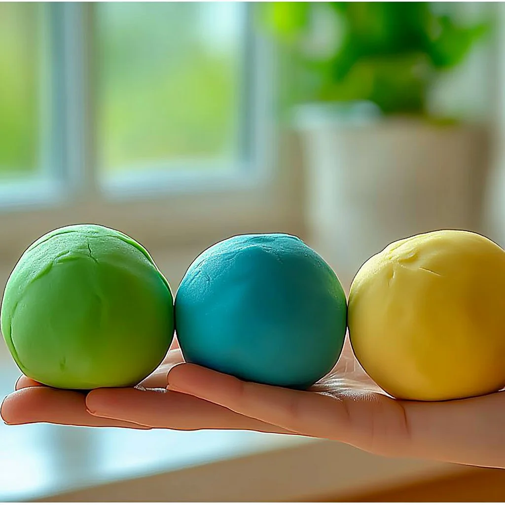 Homemade DIY play dough in various colors on a table.