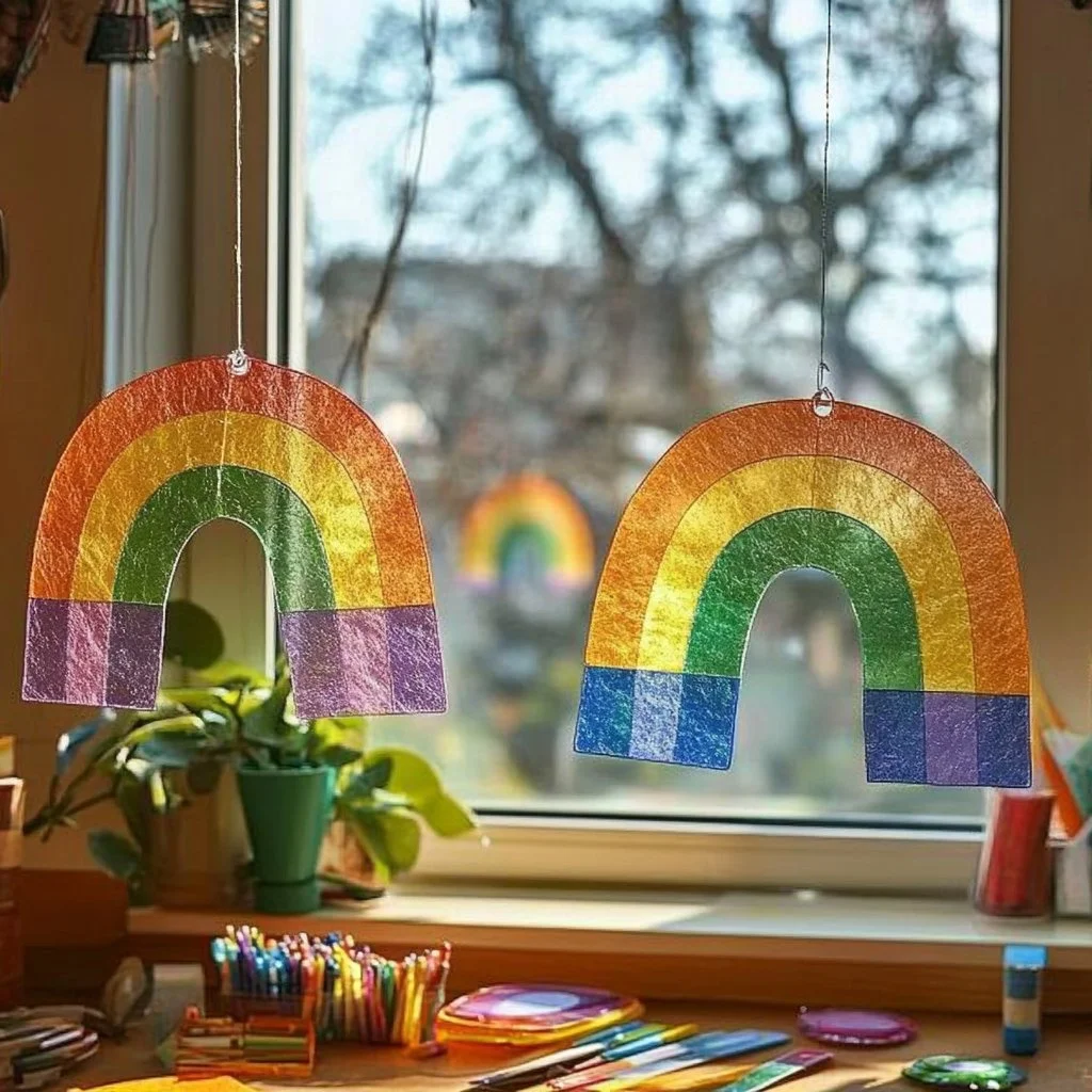 DIY rainbow spectrum suncatcher catching sunlight and creating colorful reflections