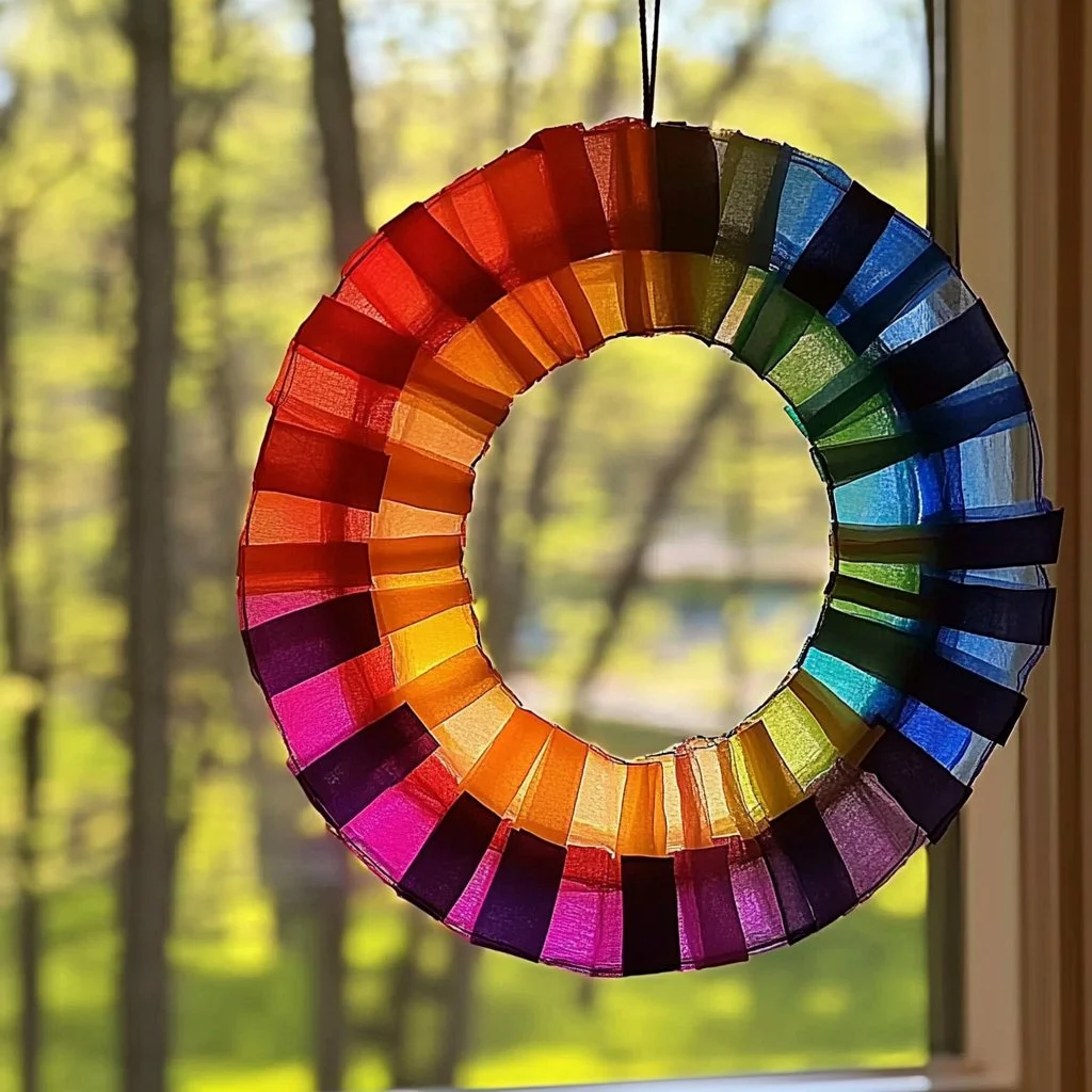 Colorful DIY Rainbow Suncatcher catching sunlight