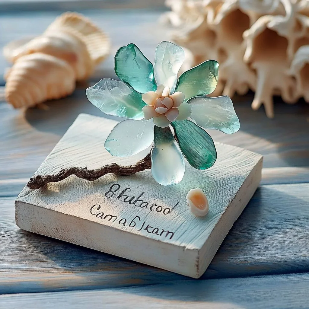 DIY sea glass flower craft project with colorful beach glass and materials
