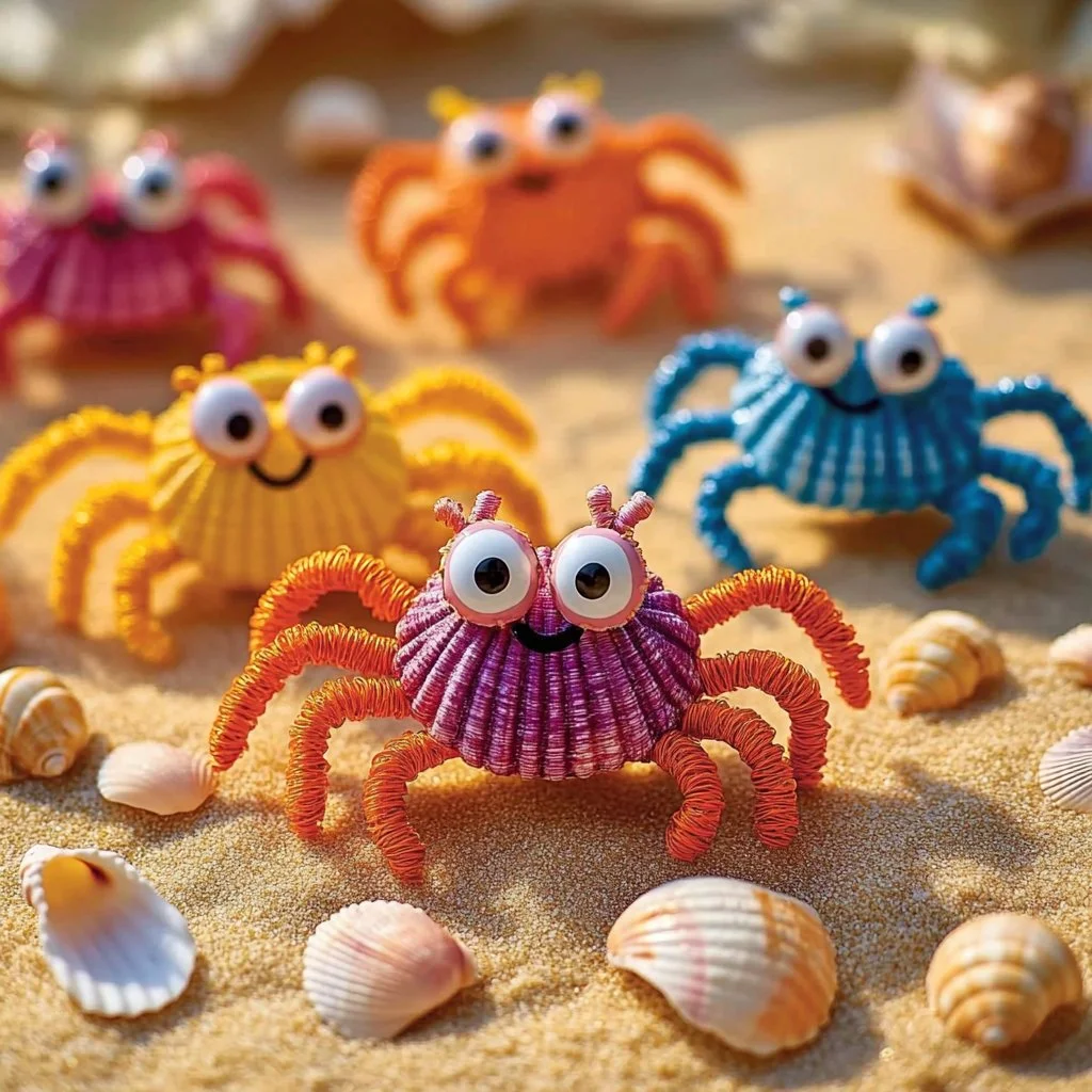 Colorful DIY seashell crabs crafted from beach treasures