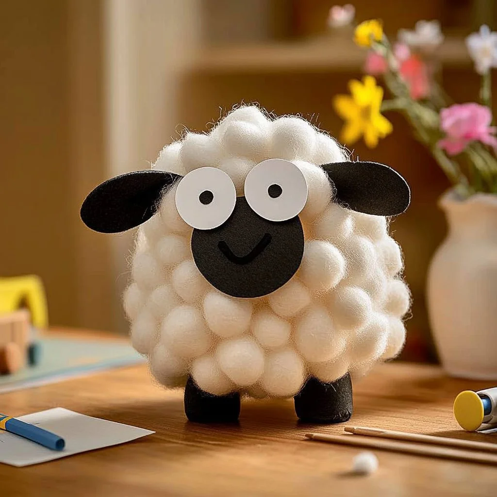 Colorful DIY sheep craft project materials and finished sheep decorations