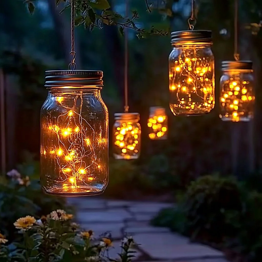 Beautiful DIY solar garden lights illuminating a garden at night