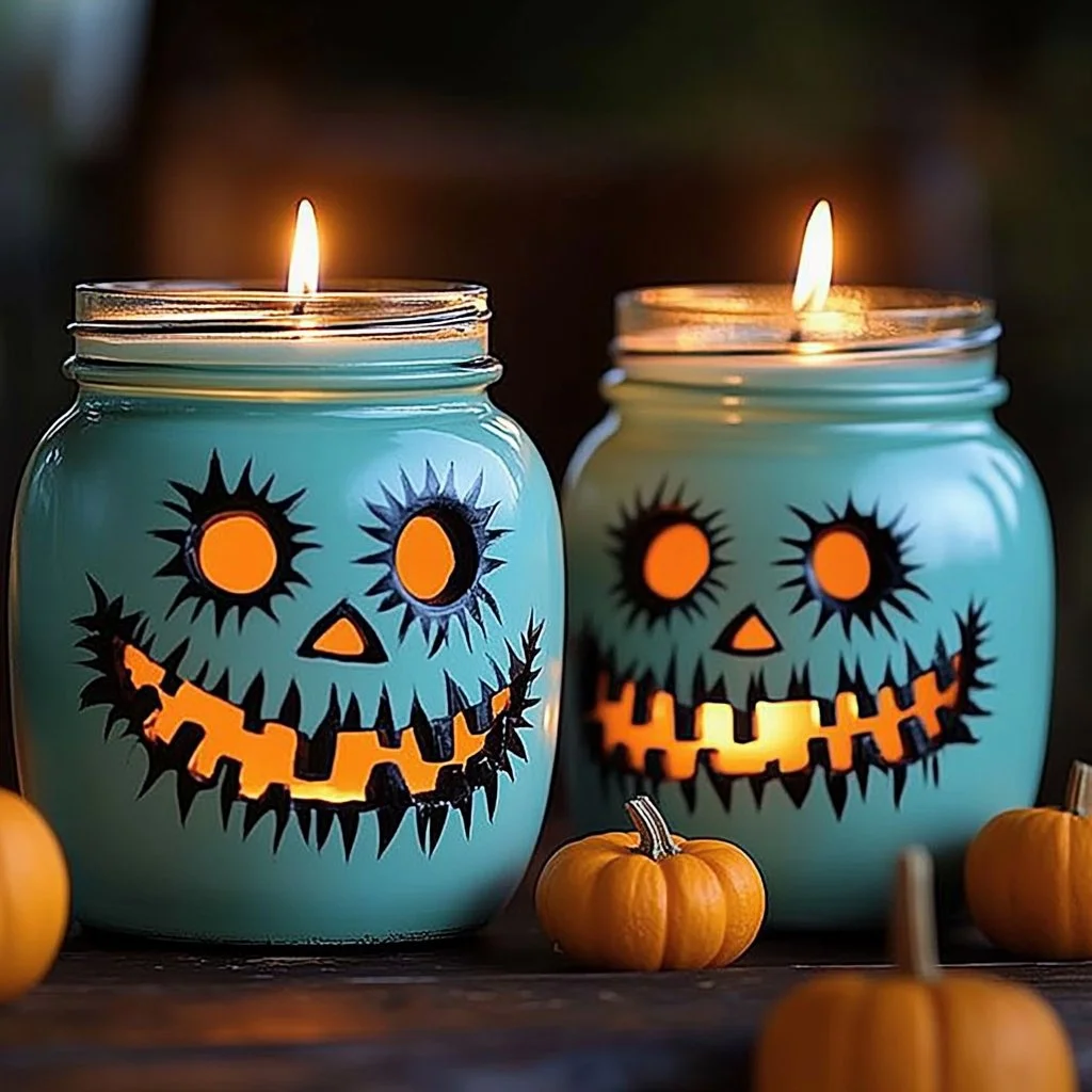 DIY stained glass jar lanterns glowing beautifully at night