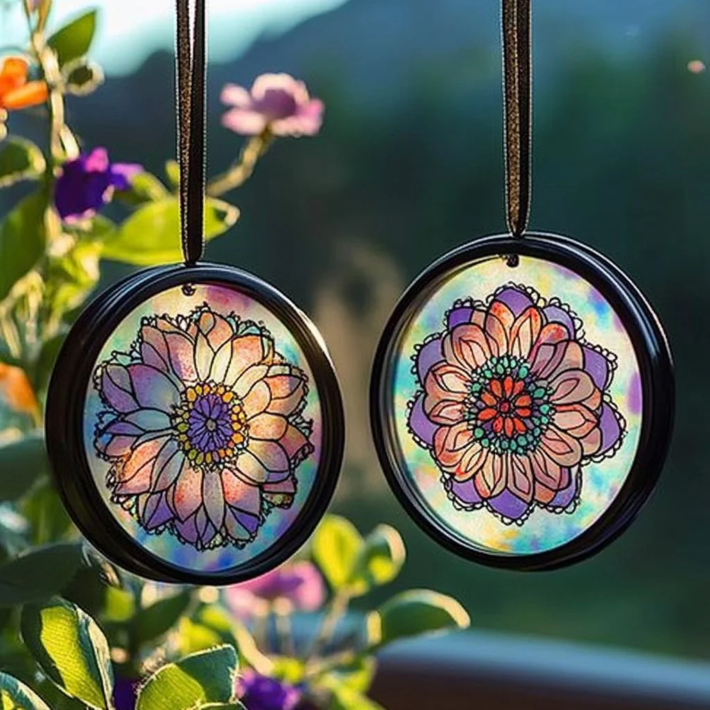 Colorful DIY sun catchers hanging in a window, showcasing light reflections.