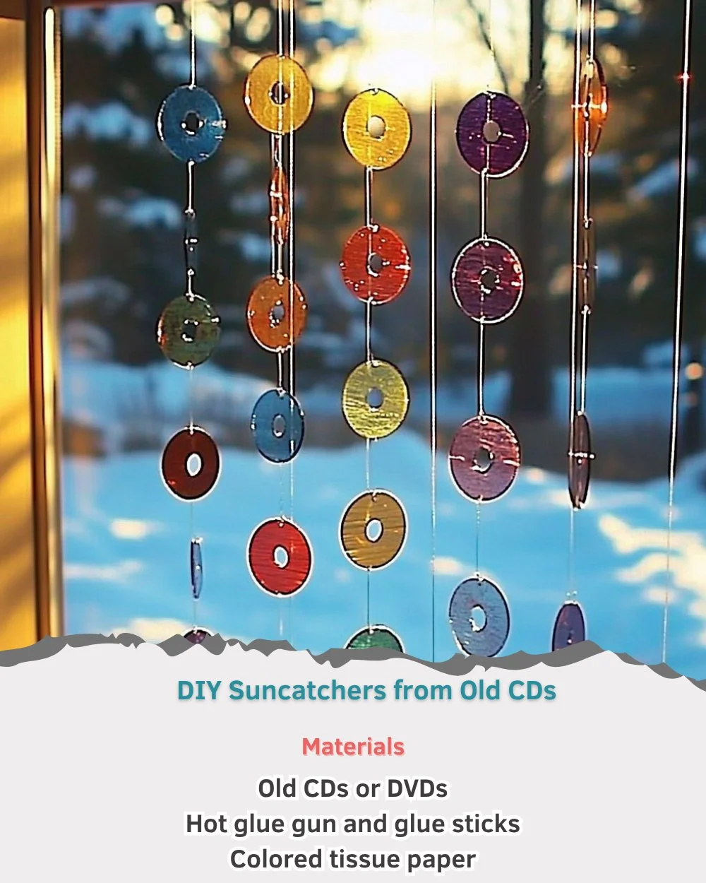 Colorful DIY suncatchers made from old CDs hanging in a sunny window.