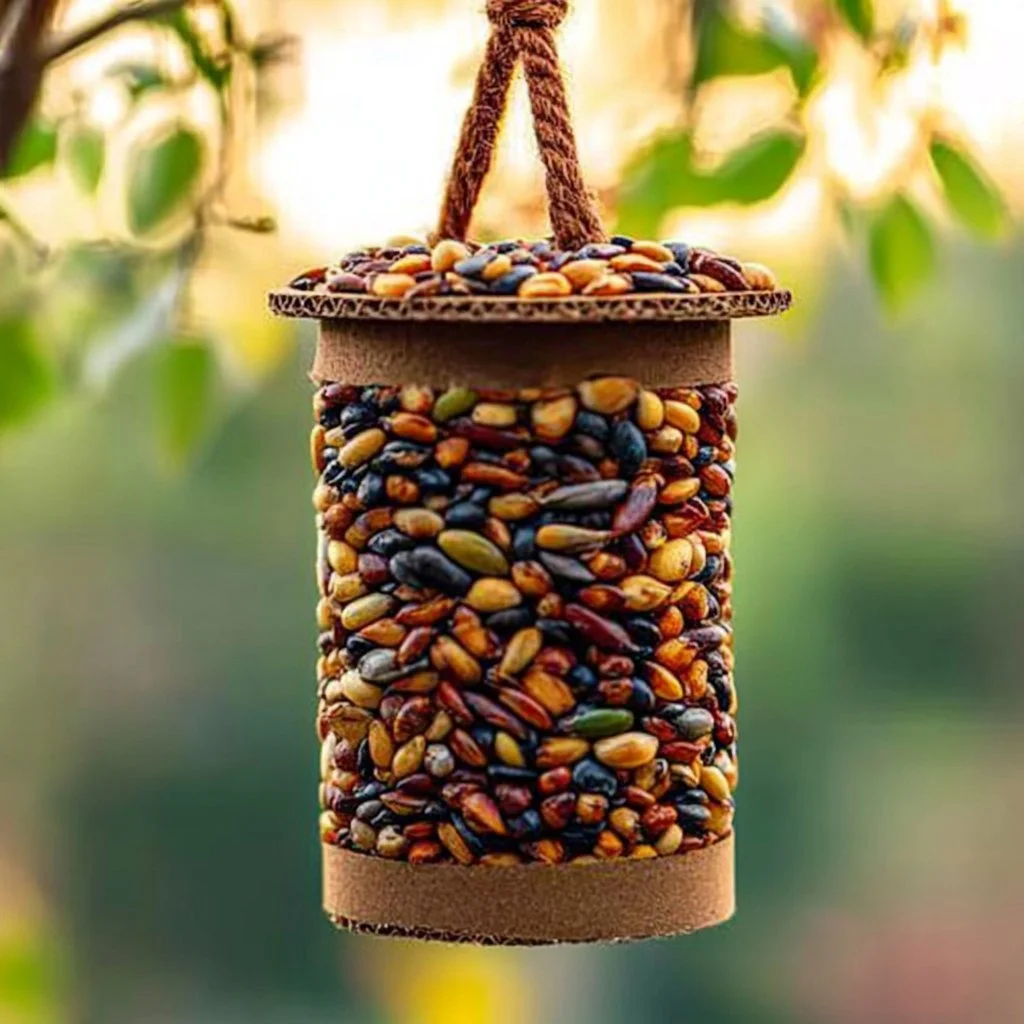 DIY toilet paper roll bird feeder hanging in a tree