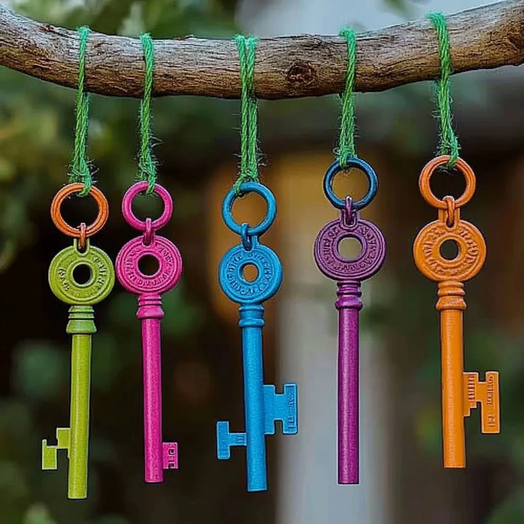Colorful DIY wind chime hanging in a garden