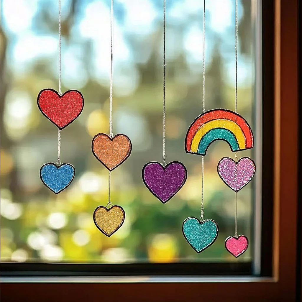 Colorful DIY window cling suncatchers displayed in a sunny window