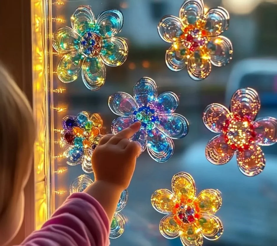 Colorful DIY window clings decorating a bright window.