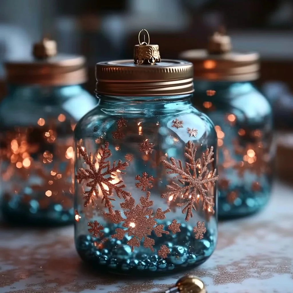 Homemade DIY snow globe with winter scene and festive decorations