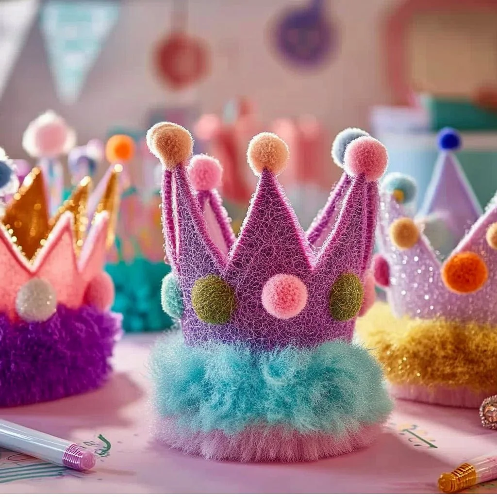 Colorful pipe cleaner crowns made for kids' crafts and fun activities