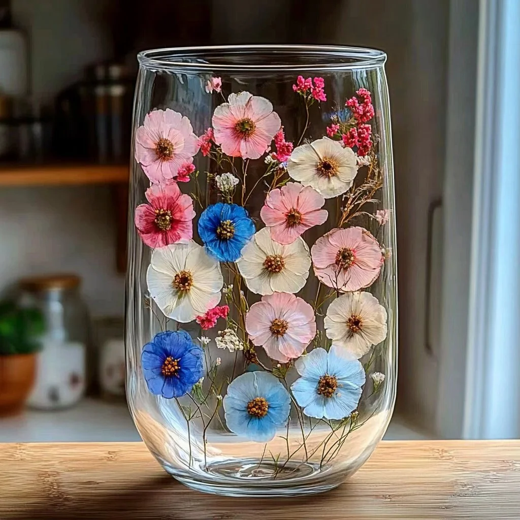 DIY pressed flower vase project for home decor with colorful flowers