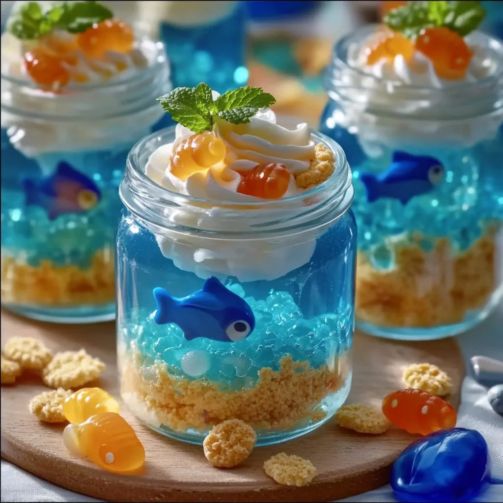 Colorful edible aquarium parfait dessert with layers of jelly and fruits