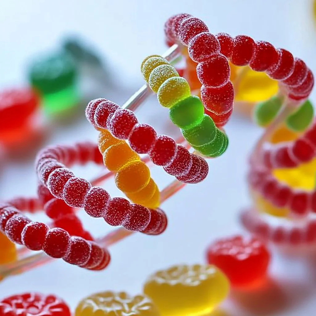 An illustration of edible DNA strands in a creative culinary setting.