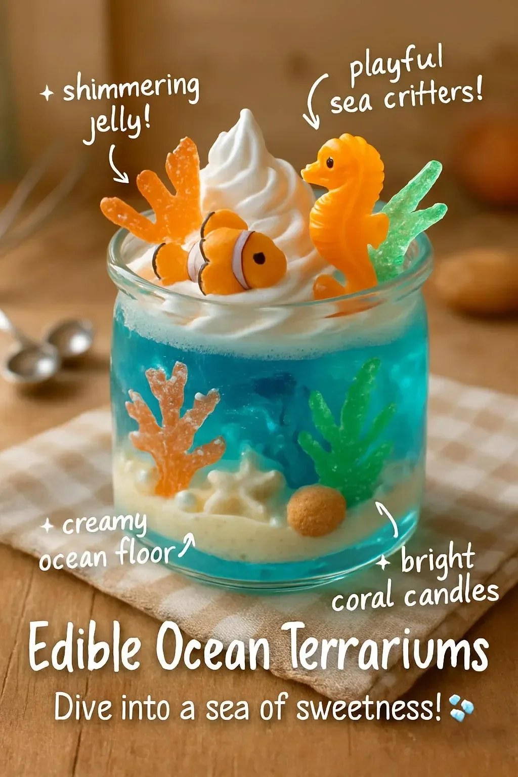 Edible ocean terrarium with sea-themed edible decorations and plants.