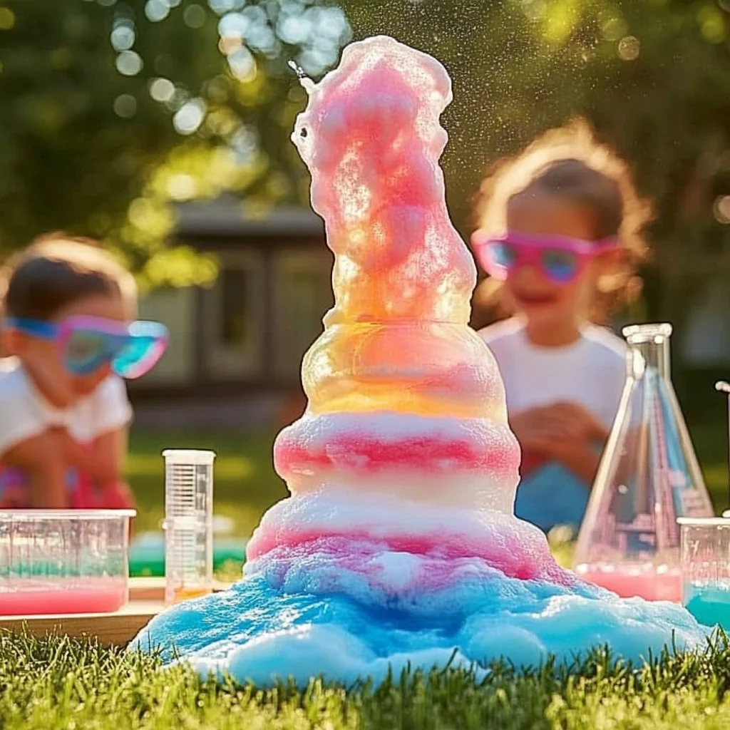 Colorful Elephant Toothpaste experiment demonstrating a foamy chemical reaction.
