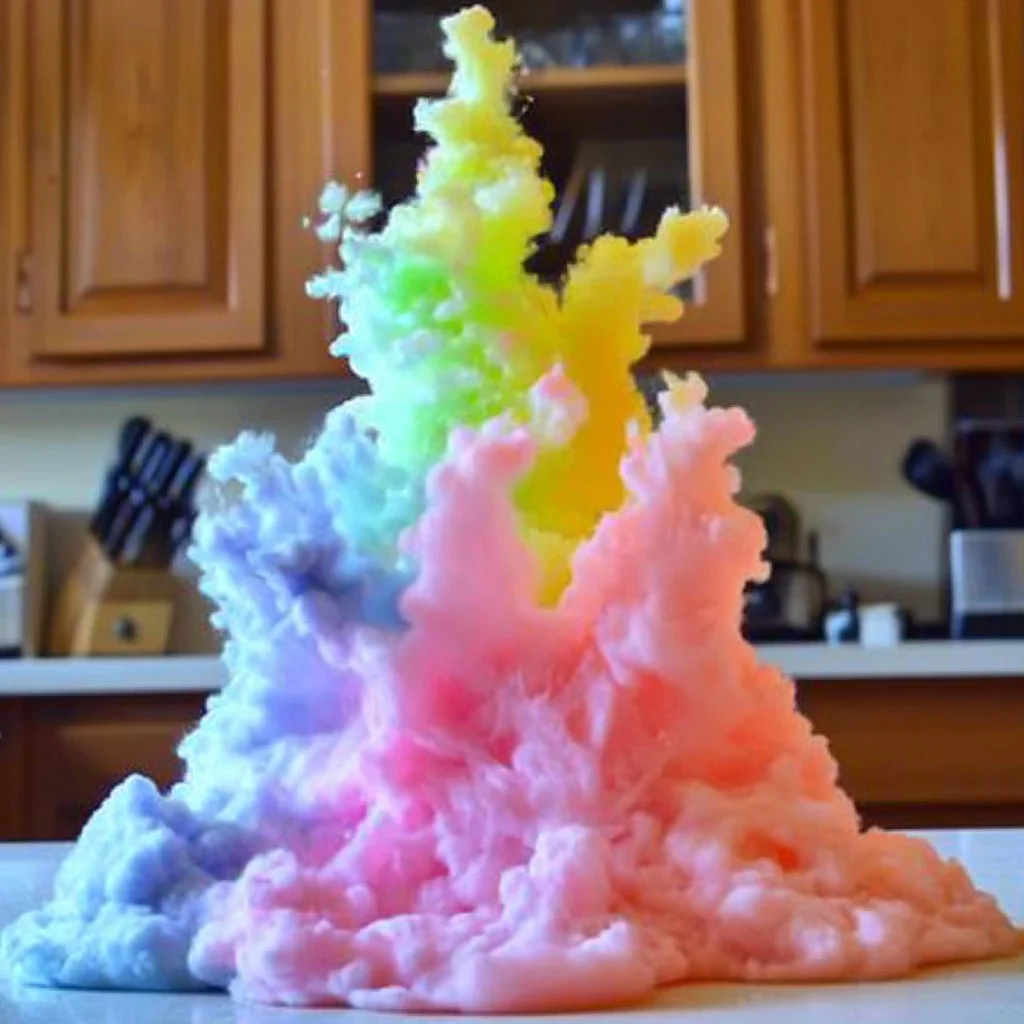 Colorful exploding rainbow foam towers at a lively outdoor event.