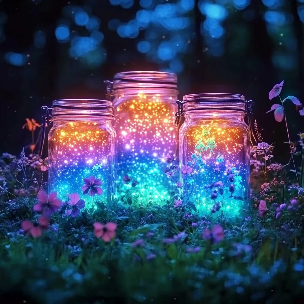 A collection of beautifully crafted fairy glow jars glowing in the dark.