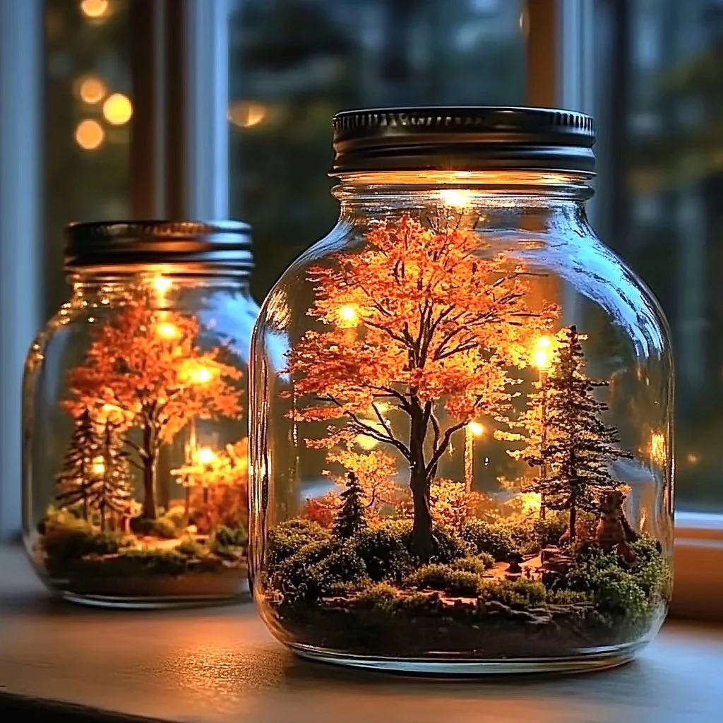 Mason jars adorned with twinkling fairy lights for enchanting decor.